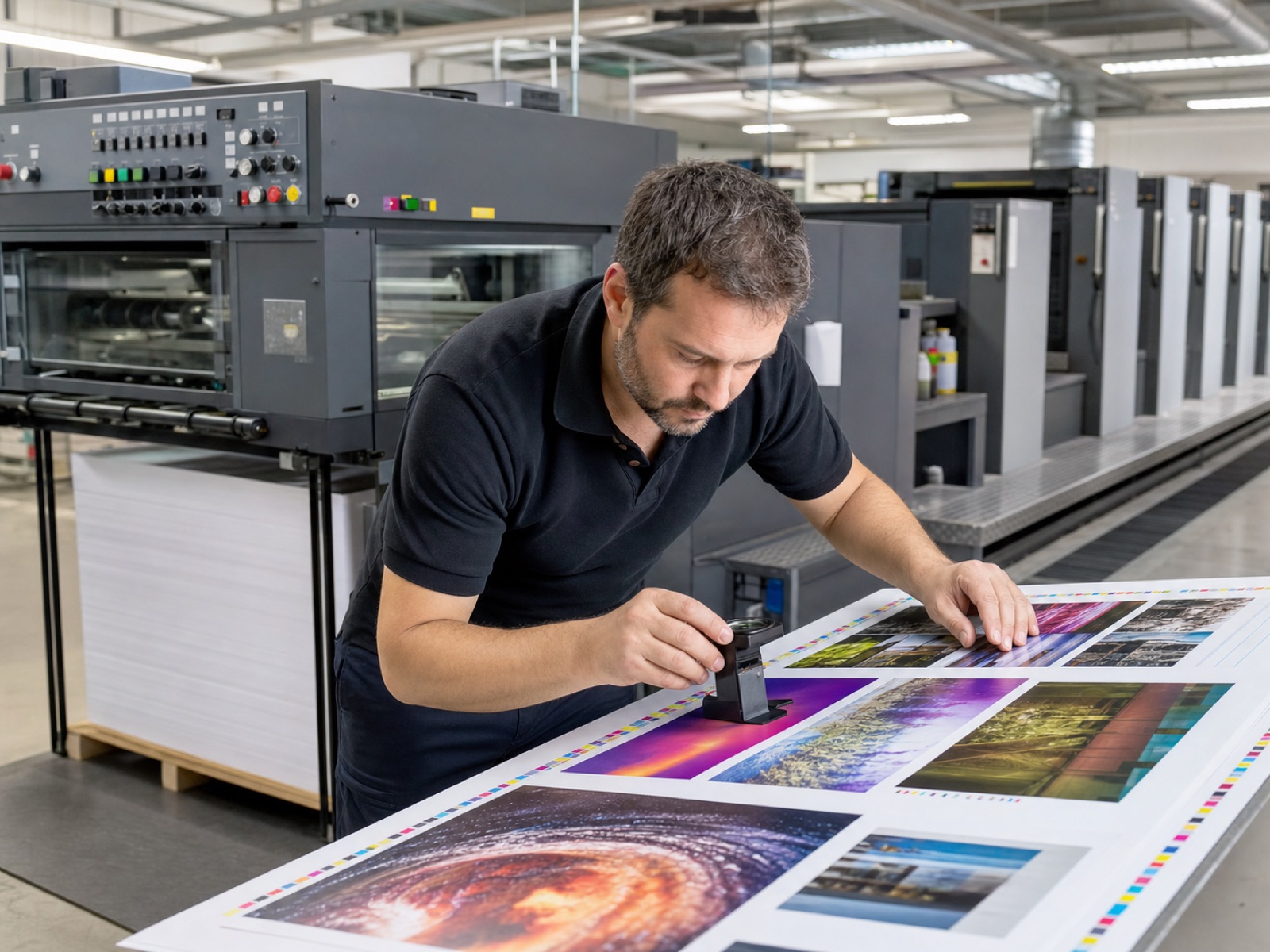 Profesional supervisando la calidad de una producción gráfica
